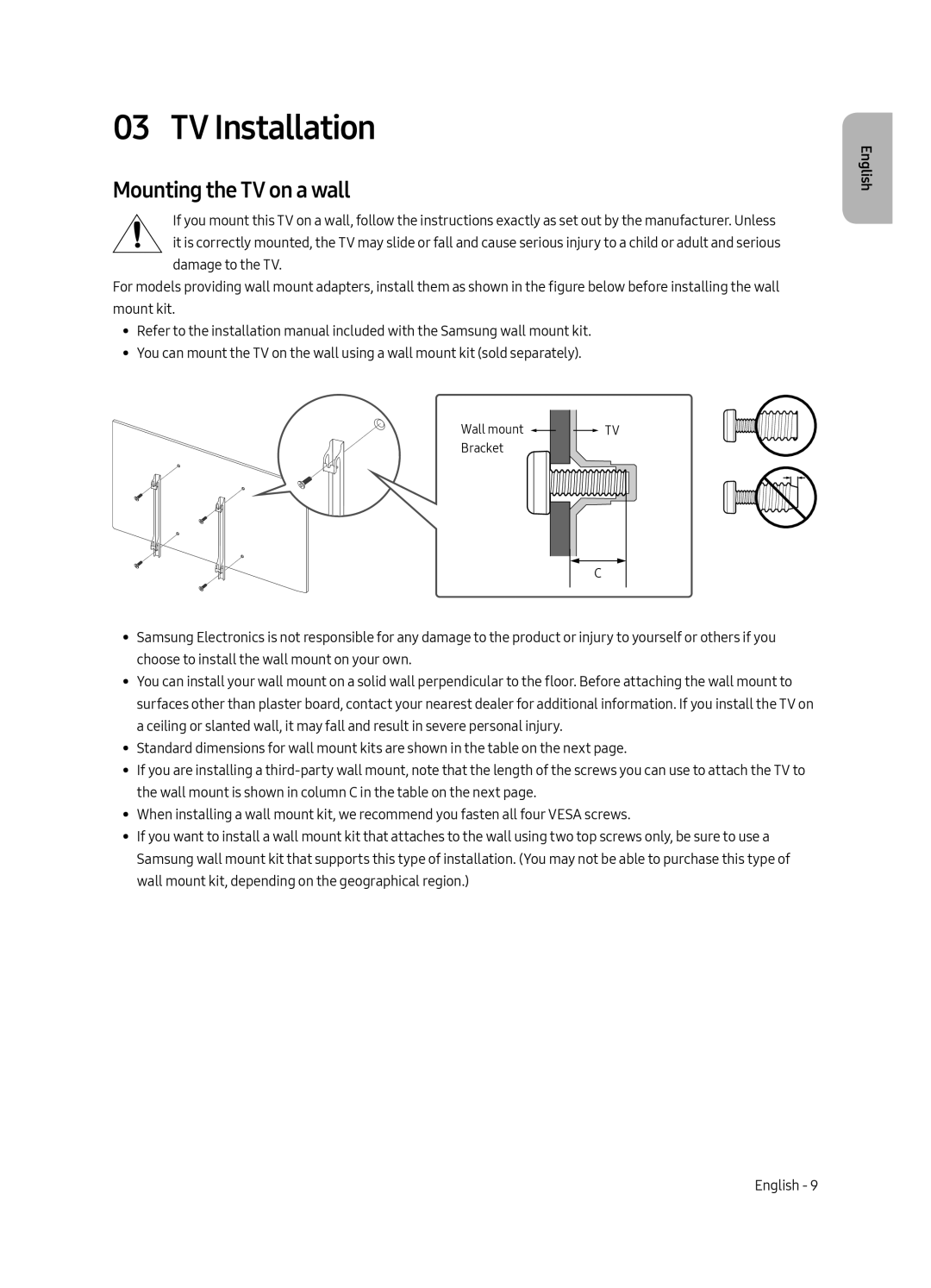 Samsung QA88Q9FAMRXUM manual TV Installation, Mounting the TV on a wall 