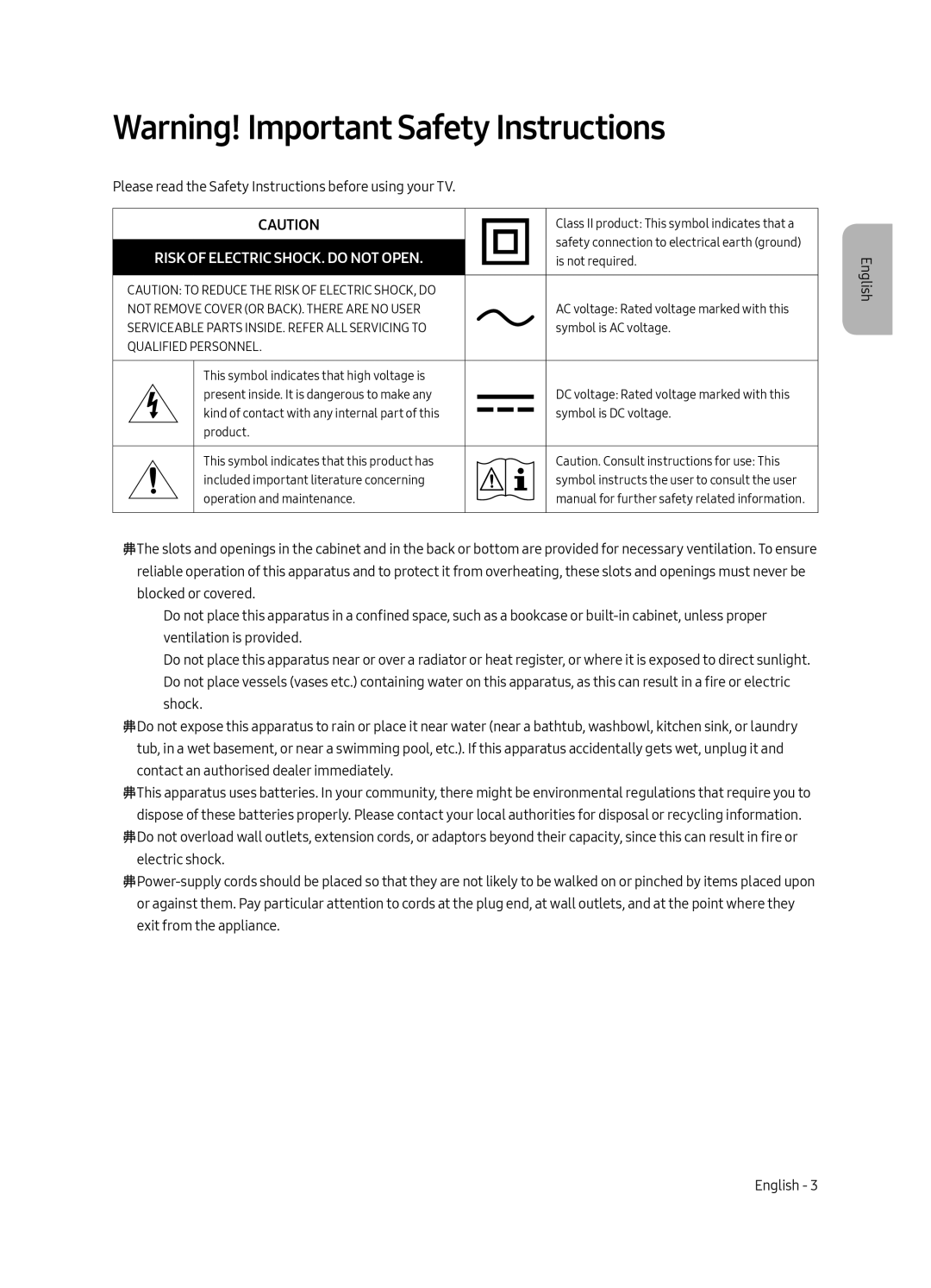 Samsung QE49Q7CAMUXRU, QE55Q7CAMUXRU, QE65Q7CAMUXRU manual Risk of Electric SHOCK. do not Open 