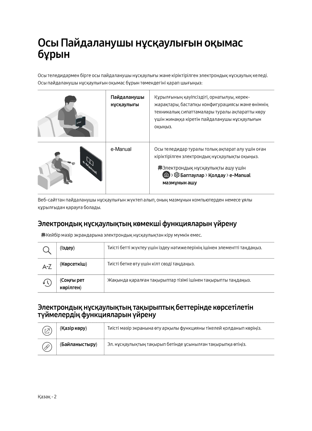 Samsung QE65Q7CAMUXRU manual Осы Пайдаланушы нұсқаулығын оқымас бұрын, Электрондық нұсқаулықтың көмекші функцияларын үйрену 