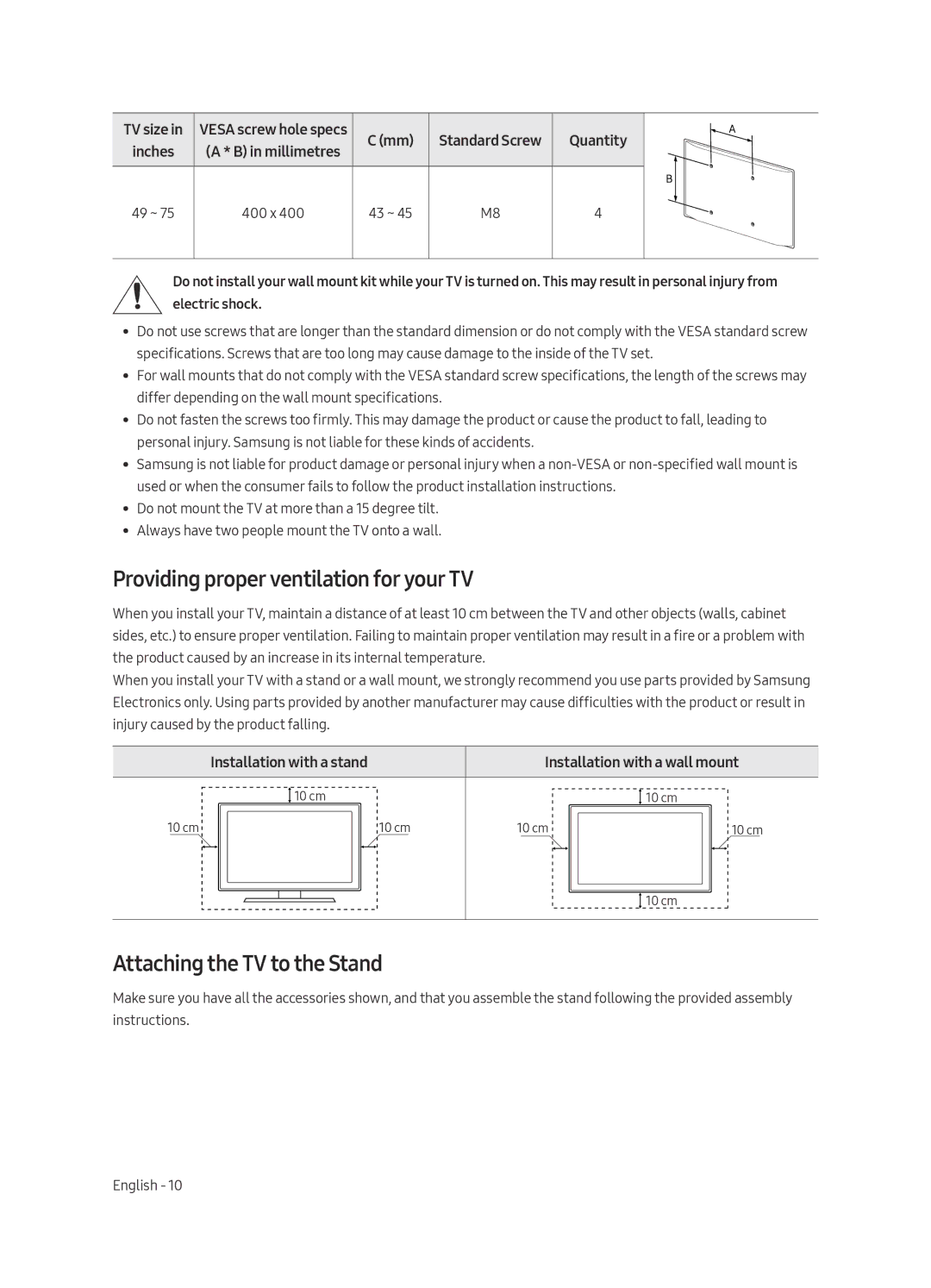 Samsung QE55Q7FAMTXXH, QE49Q7FAMTXZG, QE49Q7FGMTXZG Providing proper ventilation for your TV, Attaching the TV to the Stand 