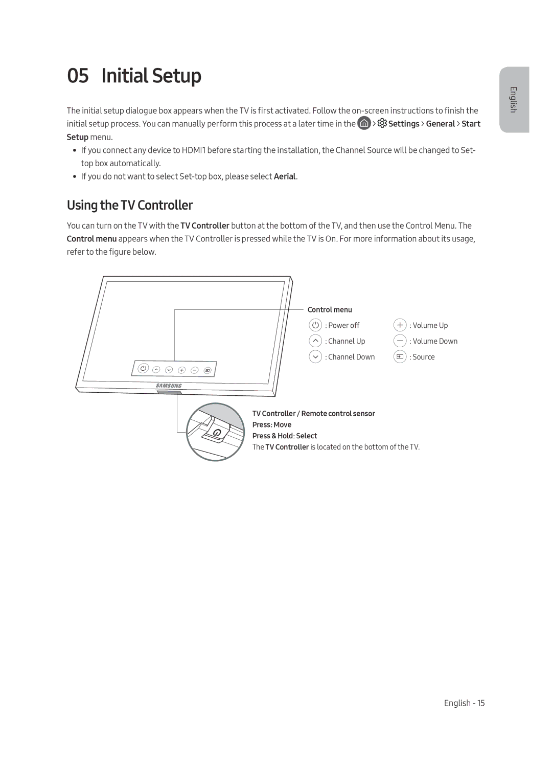 Samsung QE65Q7FAMTXZG, QE49Q7FAMTXZG, QE49Q7FGMTXZG, QE75Q7FGMTXZG, QE65Q7FGMTXZG manual Initial Setup, Using the TV Controller 