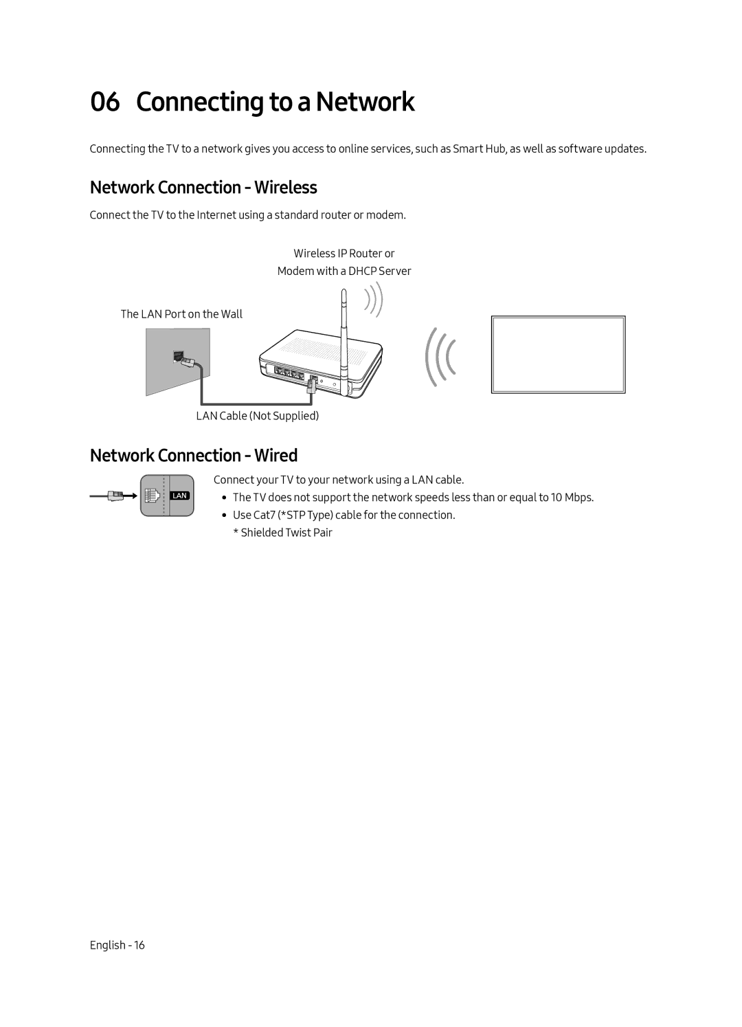 Samsung QE75Q7FGMTXZG, QE49Q7FAMTXZG manual Connecting to a Network, Network Connection Wireless, Network Connection Wired 