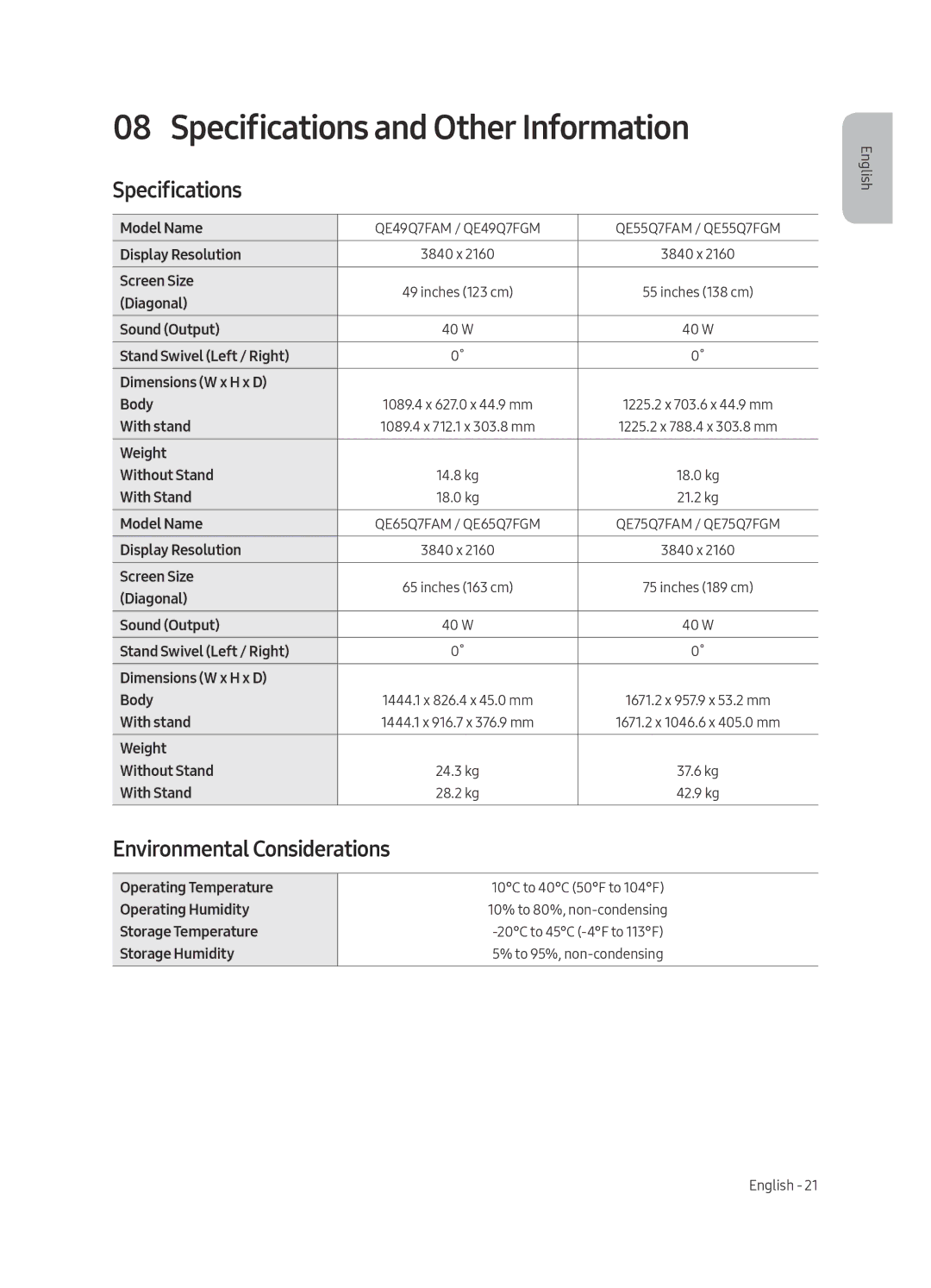 Samsung QE75Q7FAMTXXH, QE49Q7FAMTXZG, QE49Q7FGMTXZG manual Specifications and Other Information, Environmental Considerations 