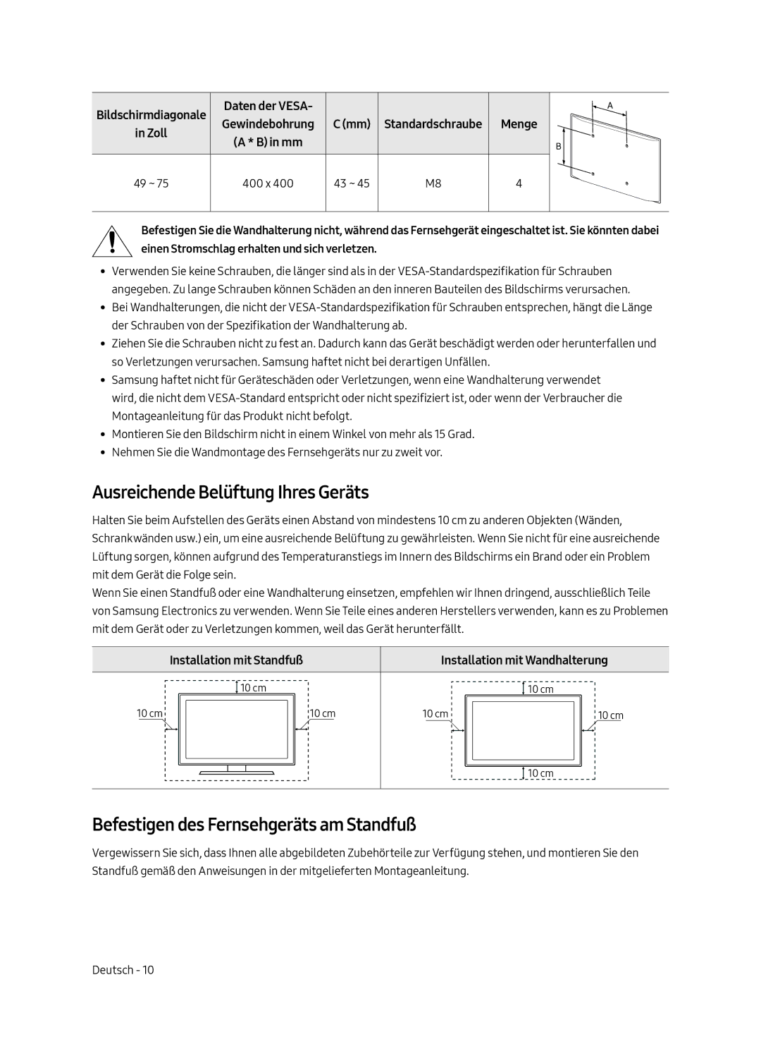 Samsung QE55Q7FAMTXZG, QE49Q7FAMTXZG manual Ausreichende Belüftung Ihres Geräts, Befestigen des Fernsehgeräts am Standfuß 