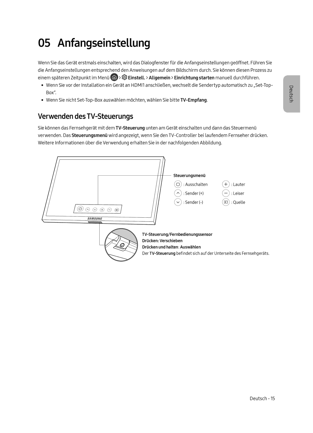 Samsung QE65Q7FAMTXXH, QE49Q7FAMTXZG, QE49Q7FGMTXZG, QE65Q7FAMTXZG manual Anfangseinstellung, Verwenden des TV-Steuerungs 