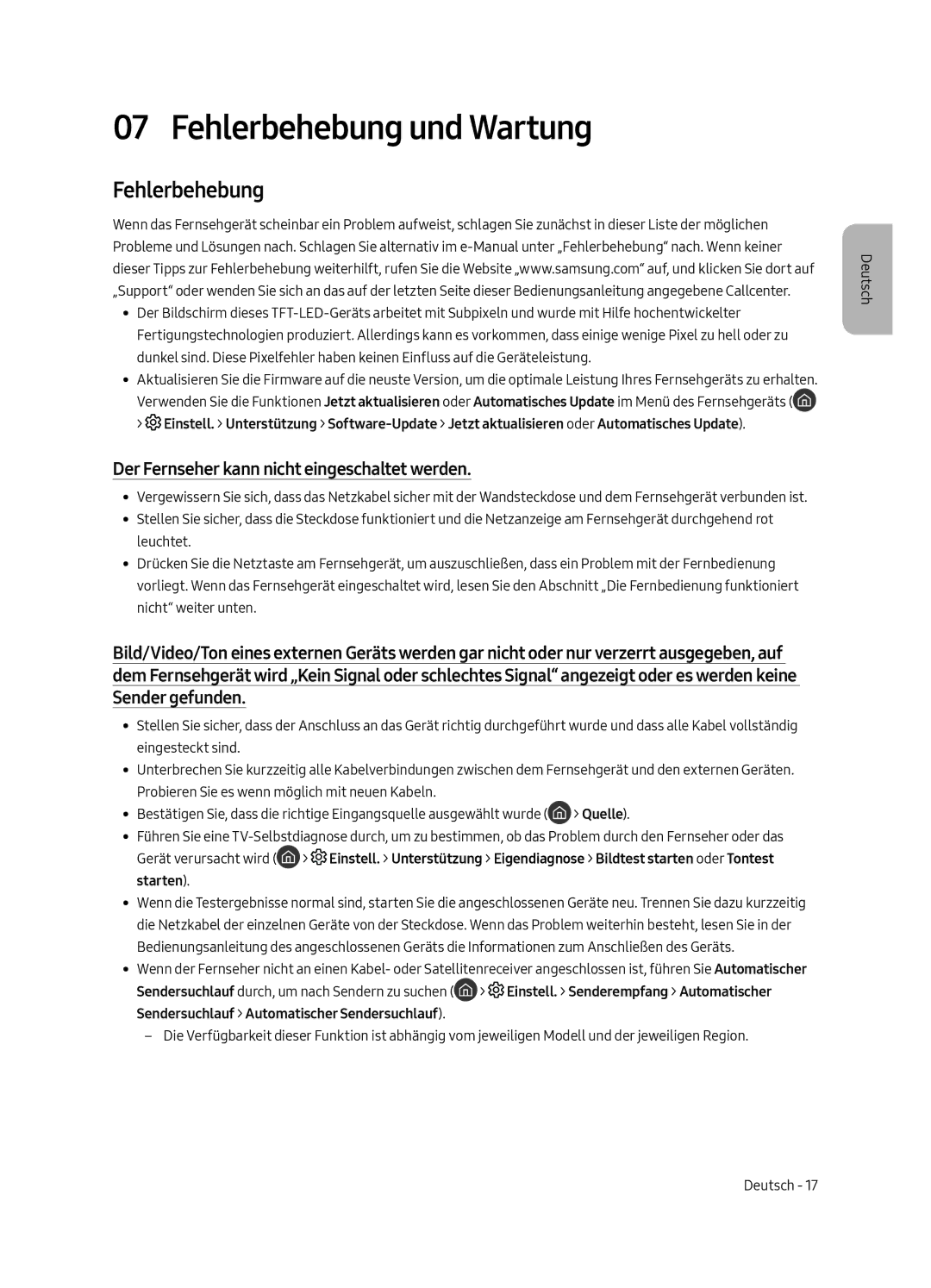 Samsung QE49Q7FAMTXZG, QE49Q7FGMTXZG manual Fehlerbehebung und Wartung, Der Fernseher kann nicht eingeschaltet werden 