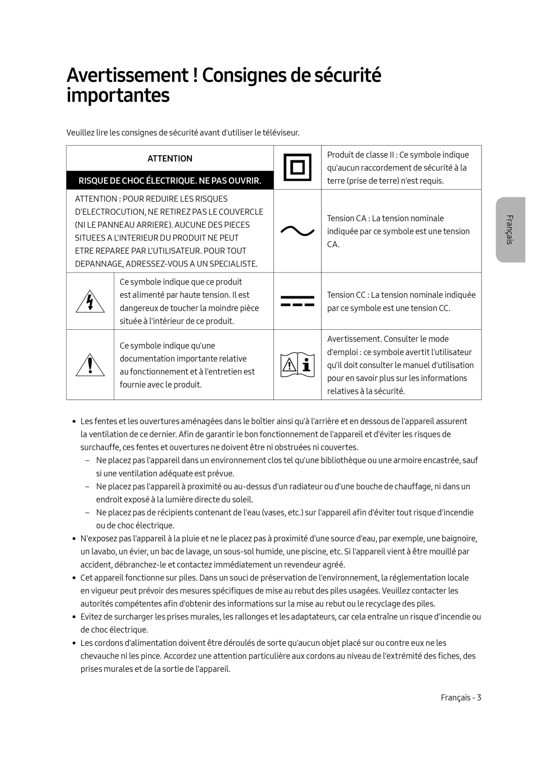 Samsung QE75Q7FAMTXXH manual Avertissement ! Consignes de sécurité importantes, Risque DE Choc ÉLECTRIQUE. NE PAS Ouvrir 