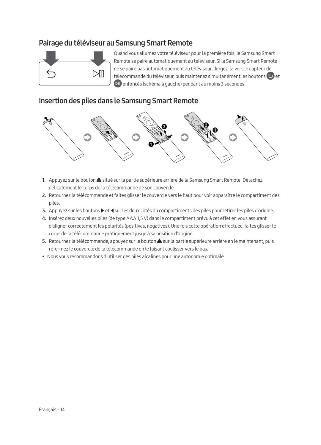 Samsung QE55Q7FAMTXZG Pairage du téléviseur au Samsung Smart Remote, Insertion des piles dans le Samsung Smart Remote 