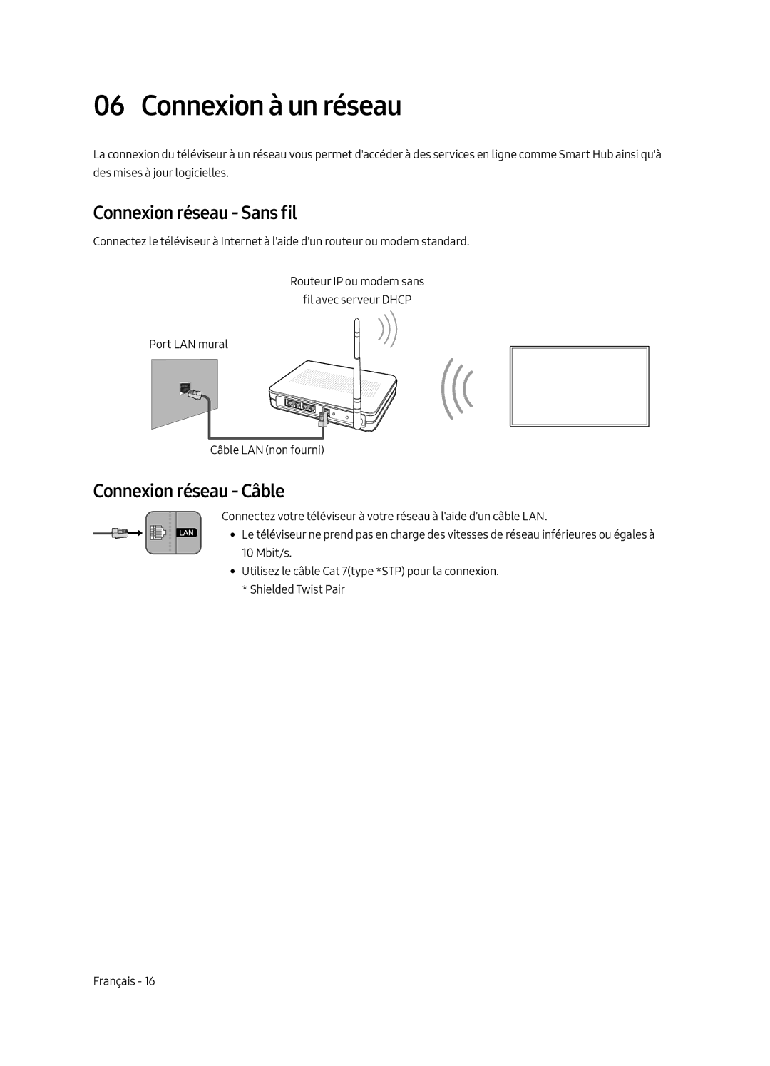 Samsung QE75Q7FAMTXXH, QE49Q7FAMTXZG manual Connexion à un réseau, Connexion réseau Sans fil, Connexion réseau Câble 