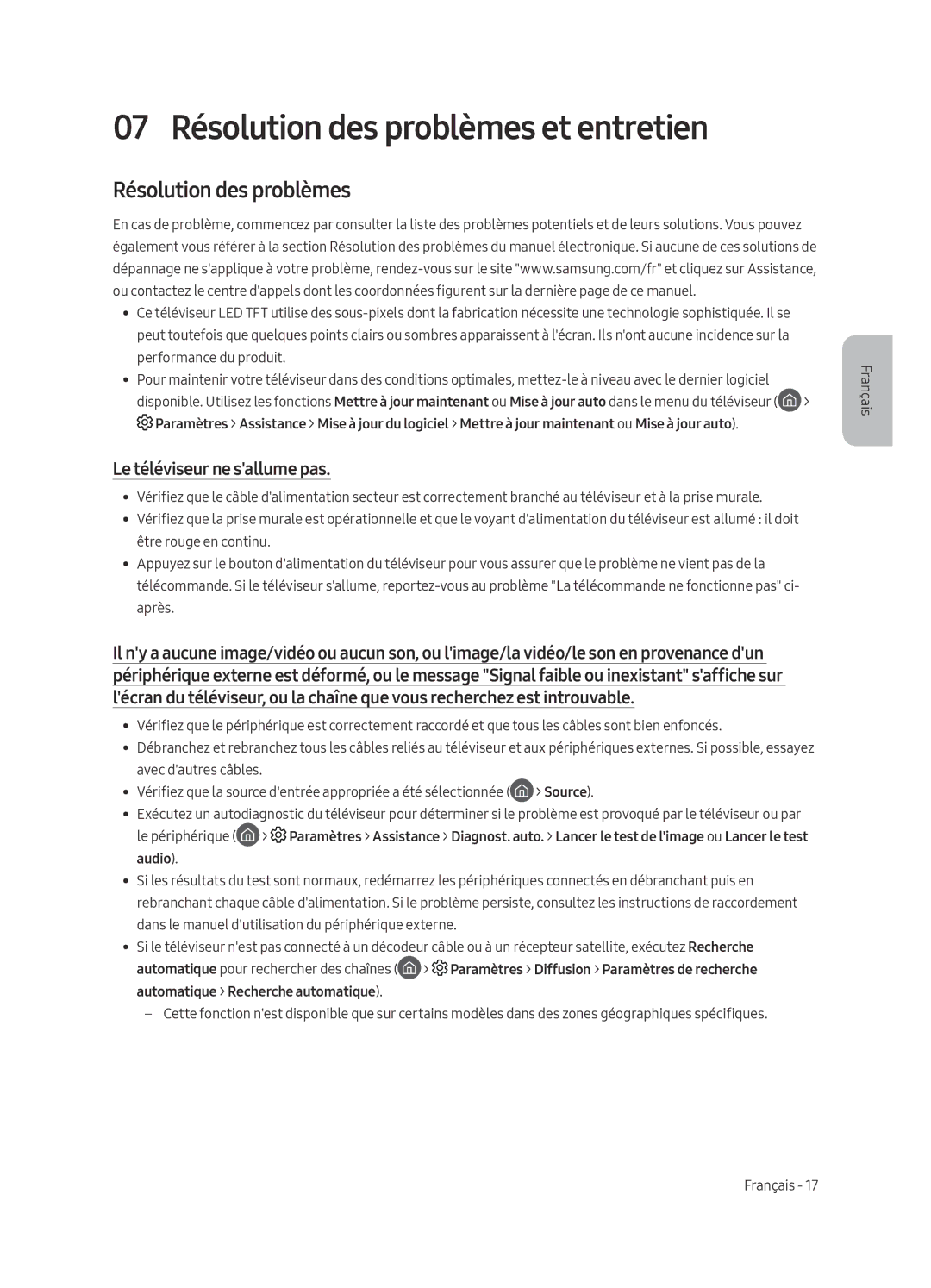 Samsung QE75Q7FAMTXXC, QE49Q7FAMTXZG, QE49Q7FGMTXZG 07 Résolution des problèmes et entretien, Le téléviseur ne sallume pas 