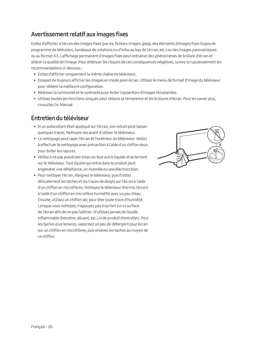 Samsung QE49Q7FAMTXXH, QE49Q7FAMTXZG, QE49Q7FGMTXZG manual Avertissement relatif aux images fixes, Entretien du téléviseur 