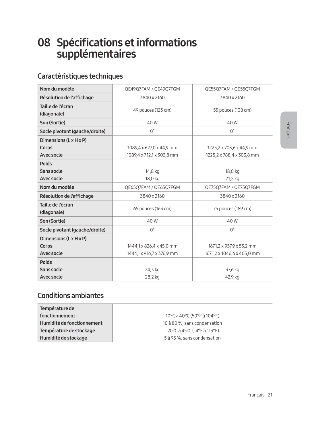 Samsung QE49Q7FAMTXZG, QE49Q7FGMTXZG, QE65Q7FAMTXZG, QE75Q7FGMTXZG manual Caractéristiques techniques, Conditions ambiantes 