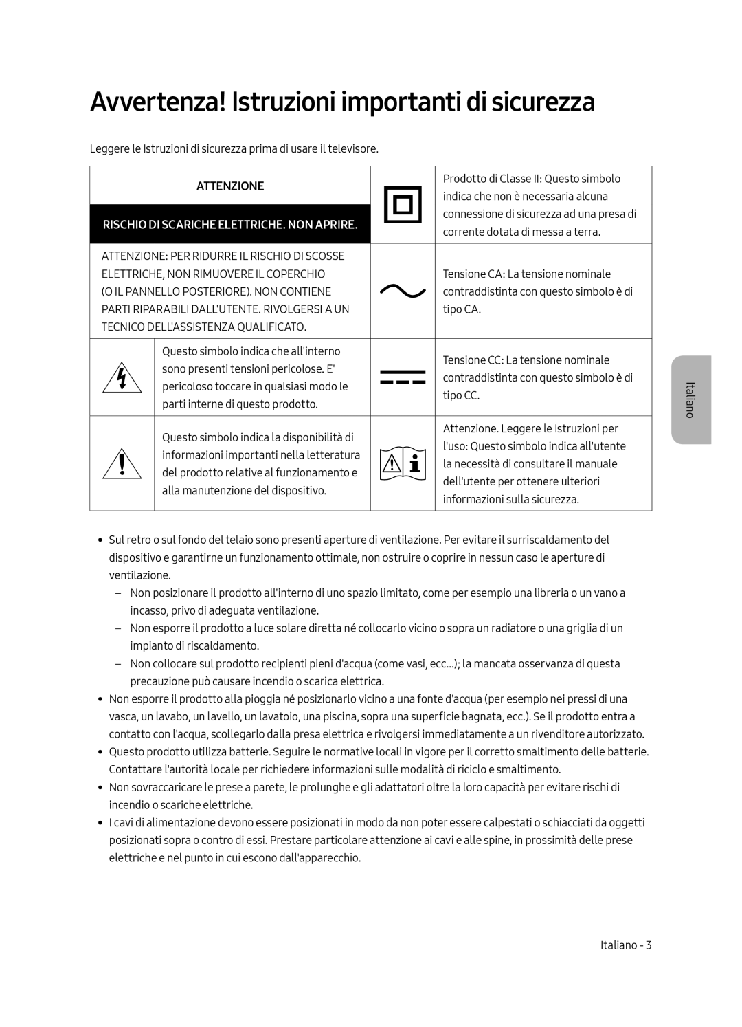 Samsung QE65Q7FGMTXZG, QE49Q7FAMTXZG, QE49Q7FGMTXZG, QE65Q7FAMTXZG manual Avvertenza! Istruzioni importanti di sicurezza 