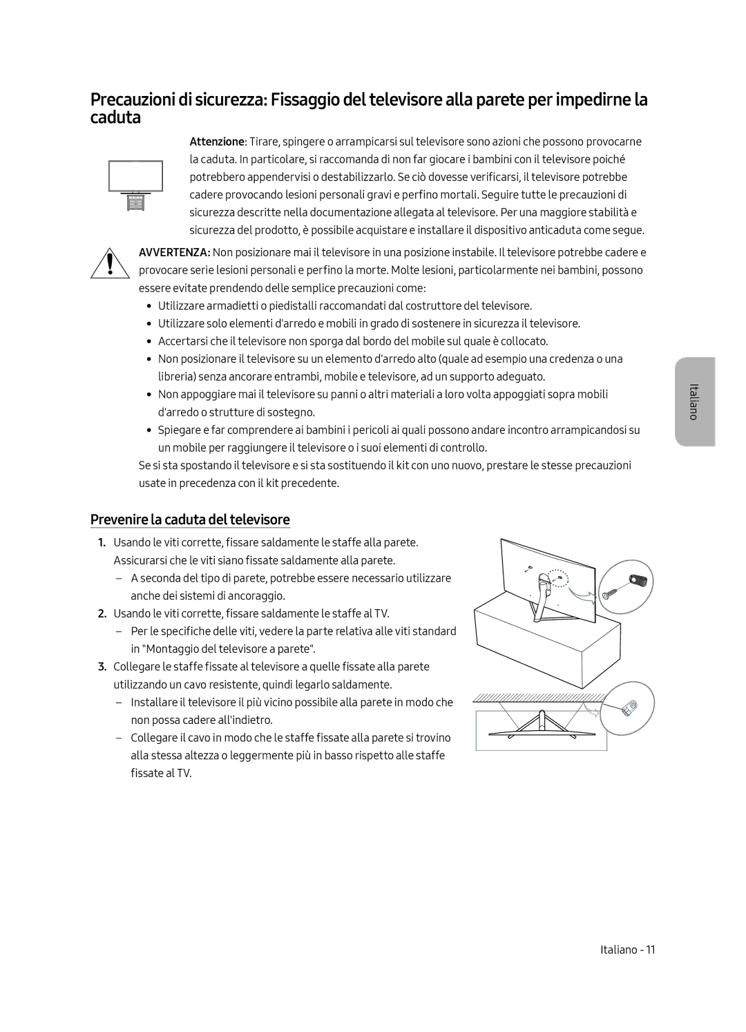 Samsung QE49Q7FAMTXXH, QE49Q7FAMTXZG, QE49Q7FGMTXZG, QE65Q7FAMTXZG, QE75Q7FGMTXZG manual Prevenire la caduta del televisore 