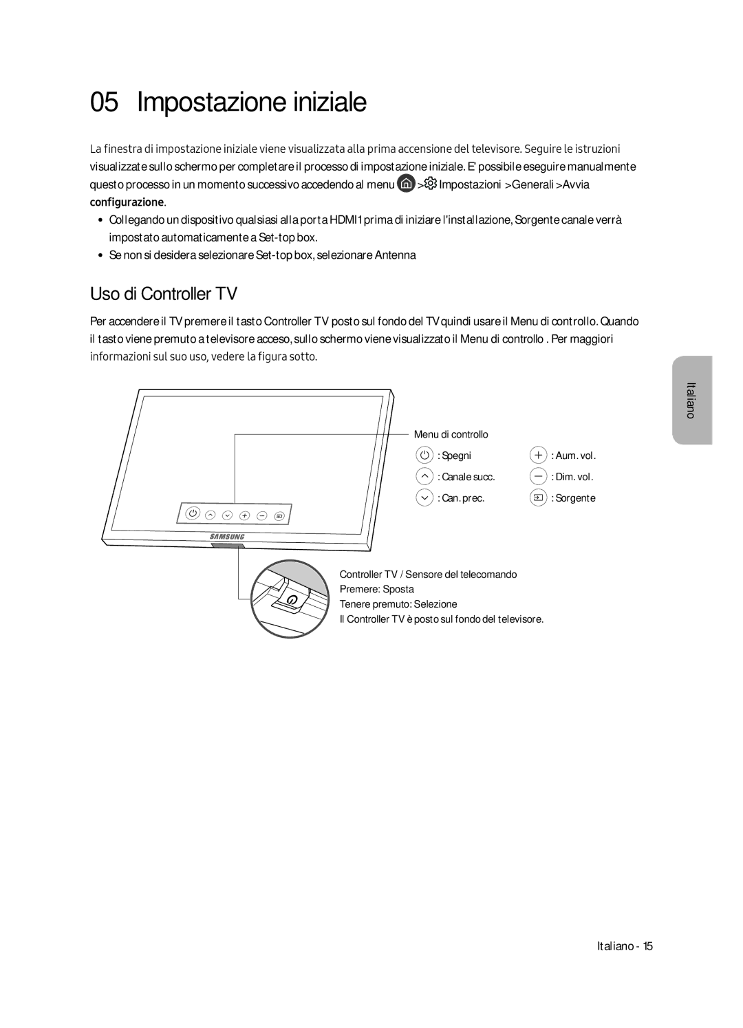 Samsung QE75Q7FGMTXZG, QE49Q7FAMTXZG, QE49Q7FGMTXZG, QE65Q7FAMTXZG, QE65Q7FGMTXZG Impostazione iniziale, Uso di Controller TV 