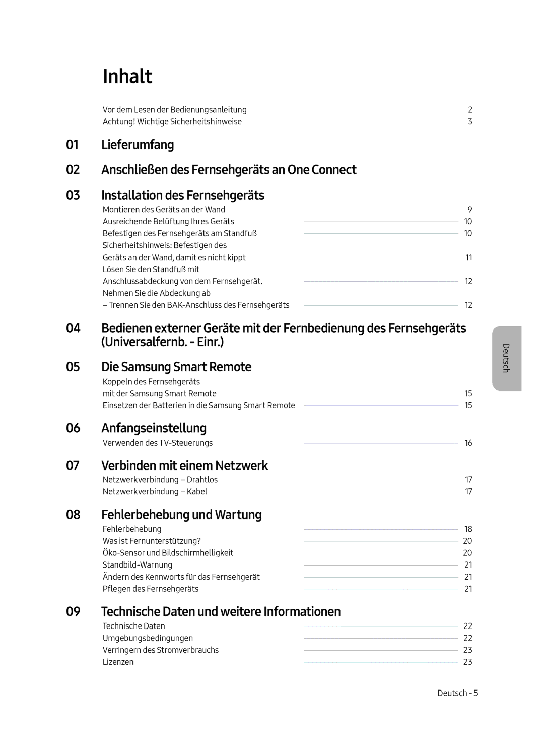 Samsung QE75Q7FAMTXXC, QE49Q7FAMTXZG Inhalt, Anfangseinstellung, Verbinden mit einem Netzwerk, Fehlerbehebung und Wartung 