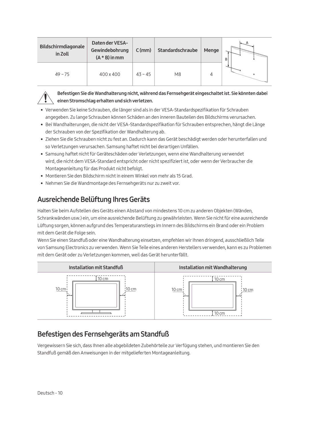 Samsung QE65Q7FAMTXXH, QE49Q7FAMTXZG manual Ausreichende Belüftung Ihres Geräts, Befestigen des Fernsehgeräts am Standfuß 