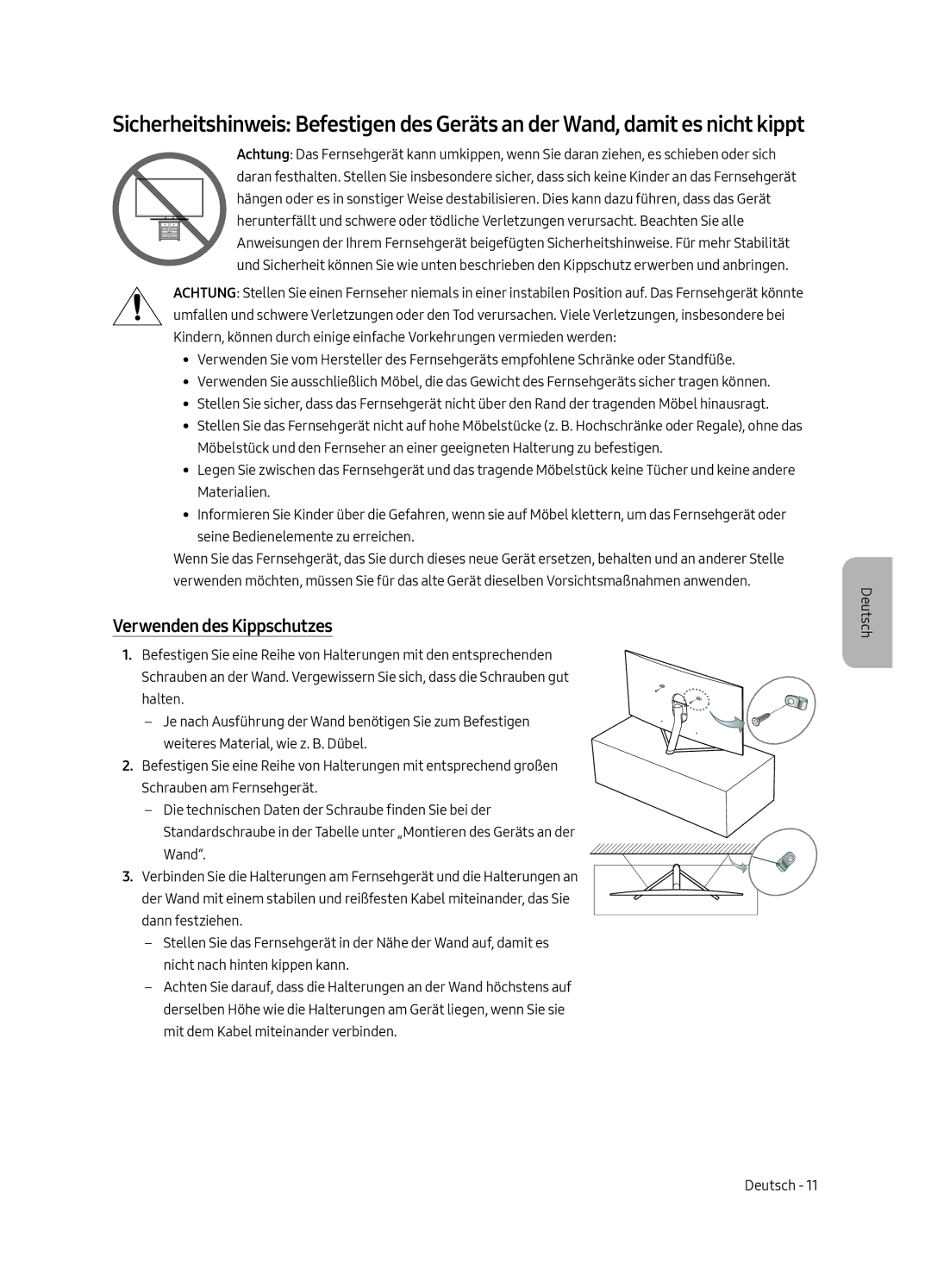 Samsung QE49Q7FAMTXXH, QE49Q7FAMTXZG, QE65Q7FAMTXZG, QE55Q7FAMTXZG, QE75Q7FAMTXZG, QE75Q7FAMTXXH Verwenden des Kippschutzes 