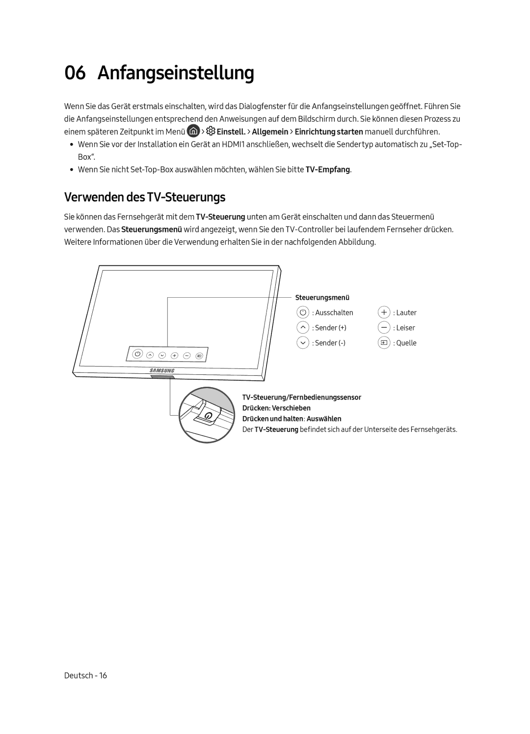 Samsung QE75Q7FAMTXXH, QE49Q7FAMTXZG, QE65Q7FAMTXZG, QE55Q7FAMTXZG manual Anfangseinstellung, Verwenden des TV-Steuerungs 