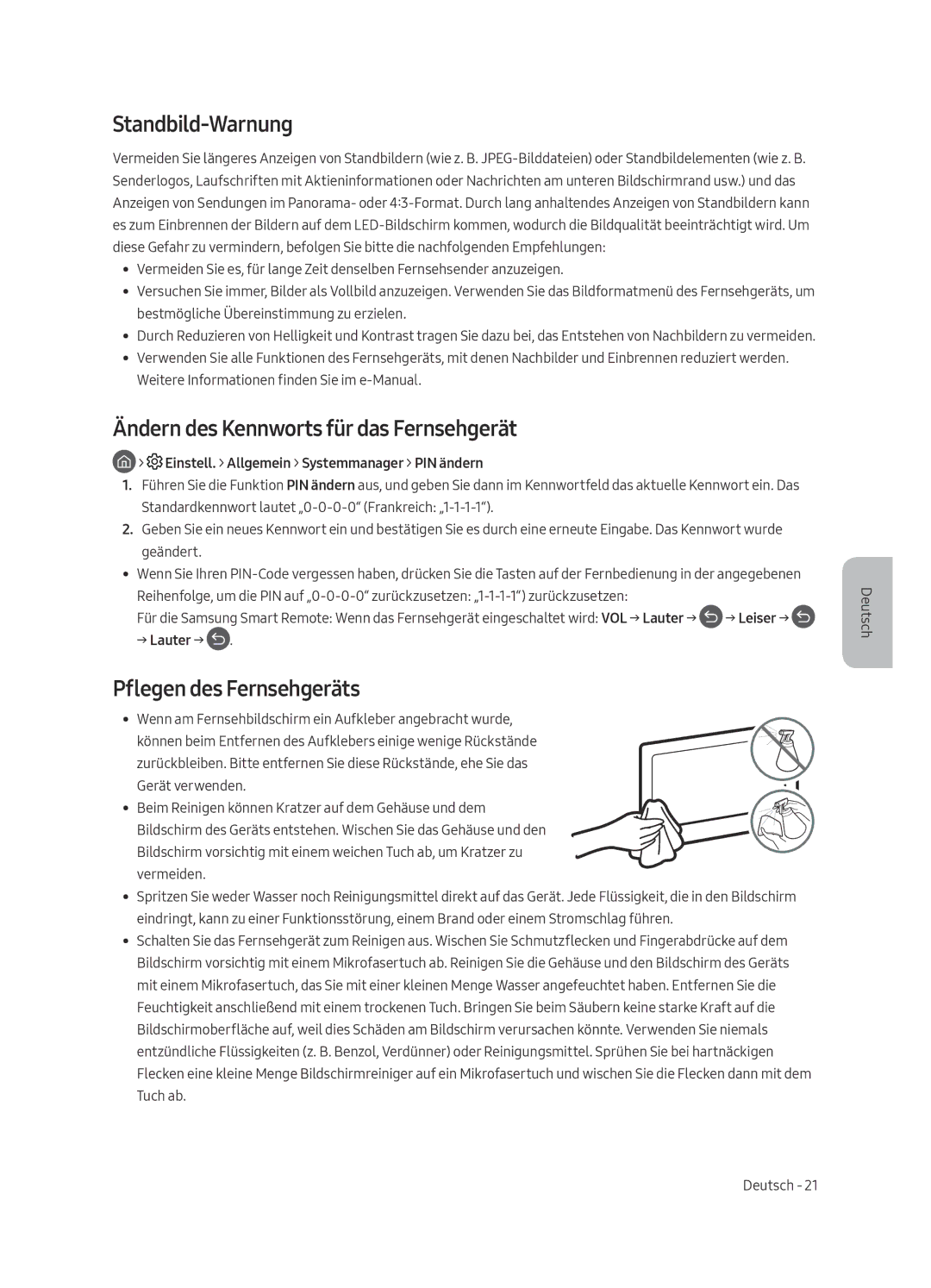 Samsung QE55Q7FAMTXXH Standbild-Warnung, Ändern des Kennworts für das Fernsehgerät, Pflegen des Fernsehgeräts, → Lauter → 