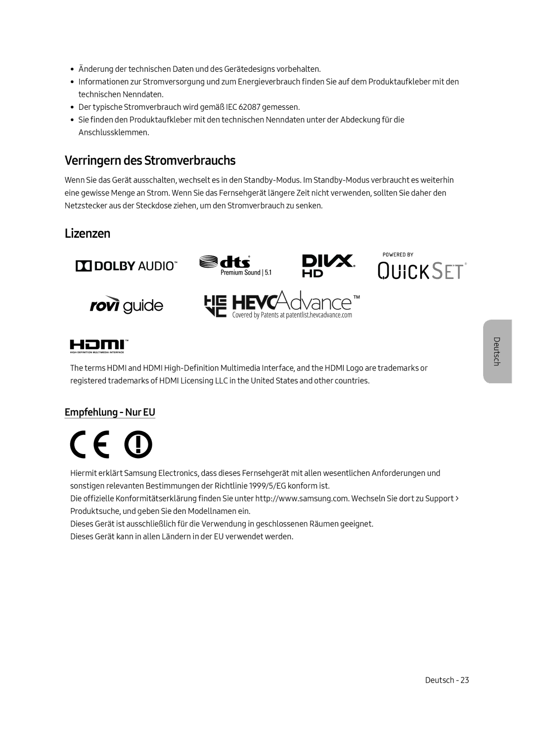 Samsung QE49Q7FAMTXXH, QE49Q7FAMTXZG, QE65Q7FAMTXZG manual Verringern des Stromverbrauchs, Lizenzen, Empfehlung Nur EU 