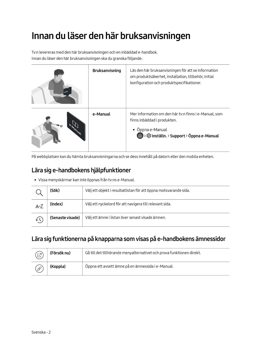 Samsung QE55Q7FAMTXZG, QE49Q7FAMTXZG manual Innan du läser den här bruksanvisningen, Lära sig e-handbokens hjälpfunktioner 