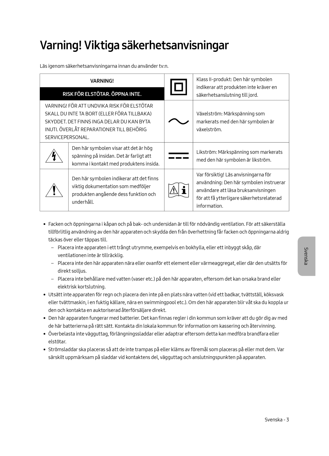 Samsung QE75Q7FAMTXZG Varning! Viktiga säkerhetsanvisningar, SKYDDET. DET Finns Inga Delar DU KAN Byta, Servicepersonal 