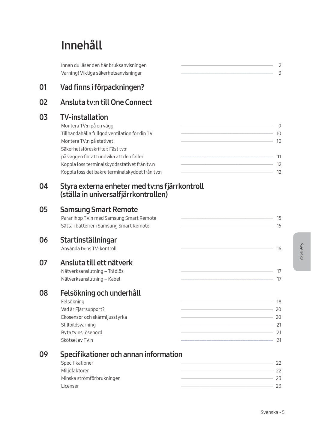 Samsung QE75Q7FAMTXXC, QE49Q7FAMTXZG manual Innehåll, Startinställningar, Ansluta till ett nätverk, Felsökning och underhåll 