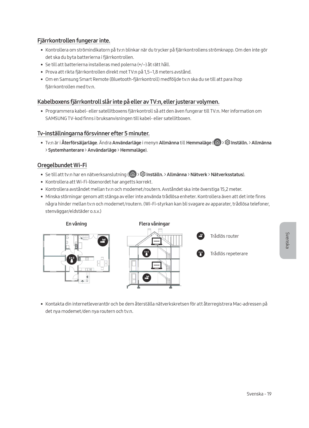 Samsung QE49Q7FAMTXXC Fjärrkontrollen fungerar inte, Tv-inställningarna försvinner efter 5 minuter, Oregelbundet Wi-Fi 