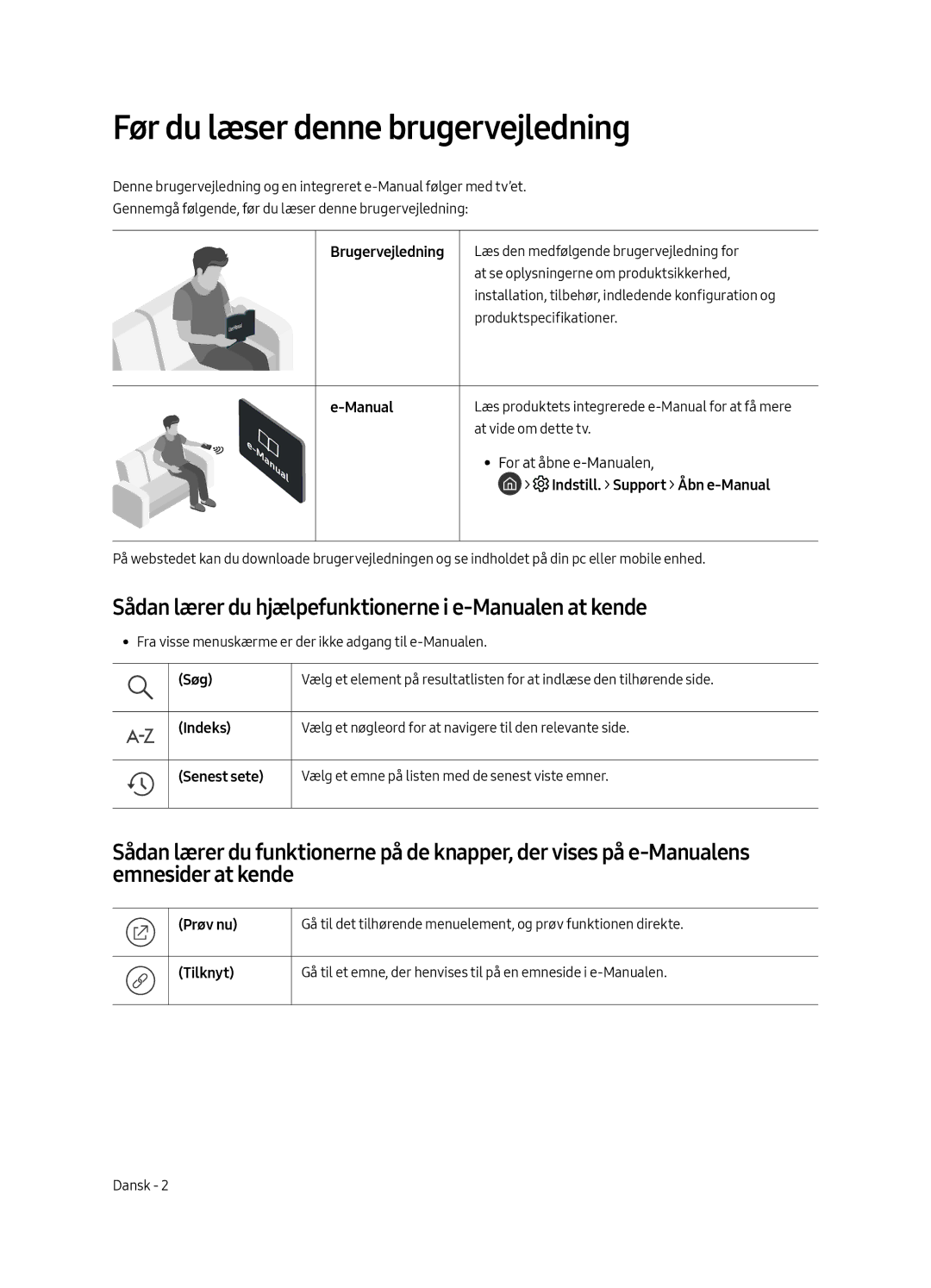 Samsung QE55Q7FAMTXZG manual Før du læser denne brugervejledning, Sådan lærer du hjælpefunktionerne i e-Manualen at kende 