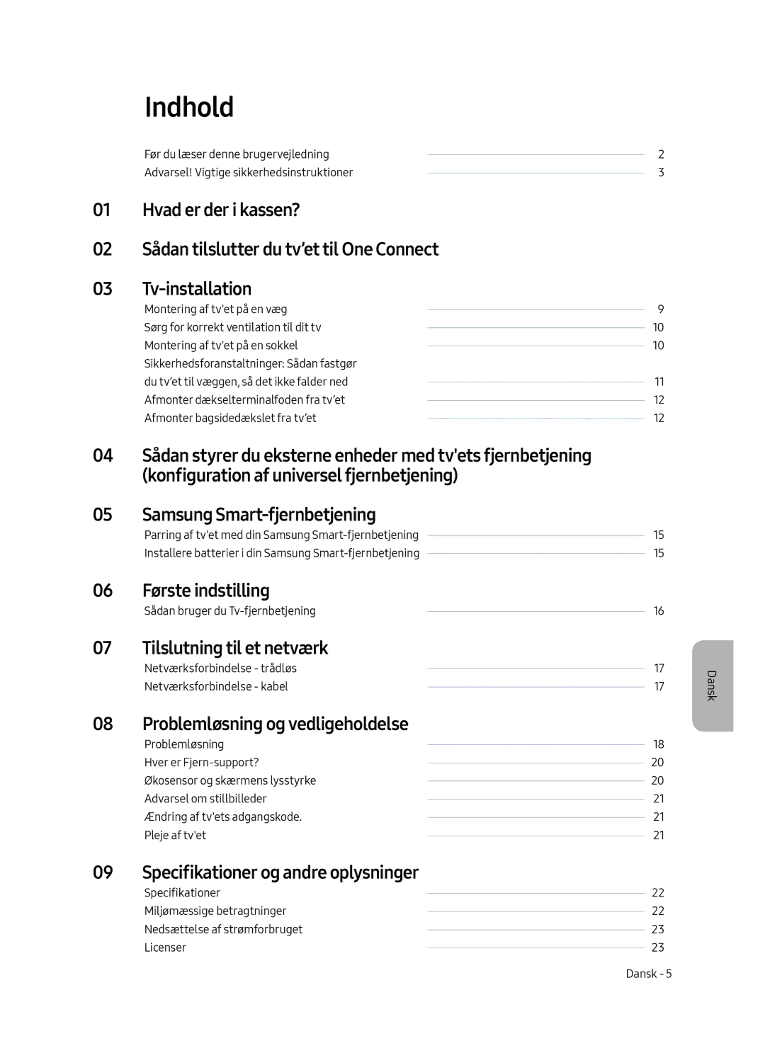 Samsung QE75Q7FAMTXXC manual Indhold, Første indstilling, Tilslutning til et netværk, Problemløsning og vedligeholdelse 