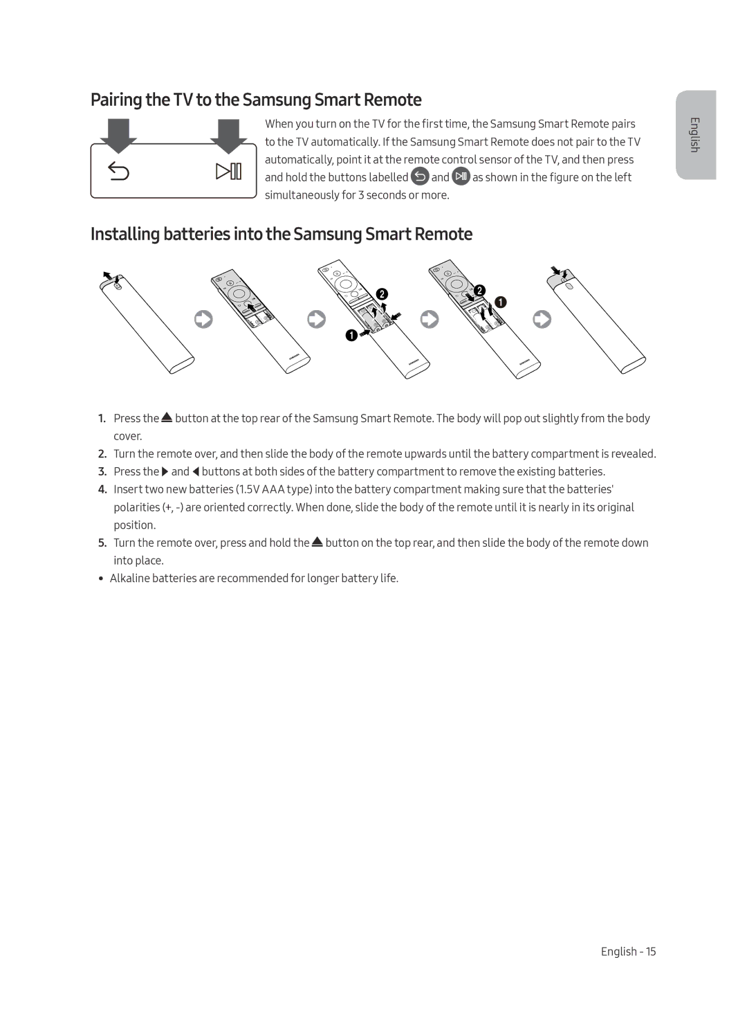 Samsung QE75Q7FAMTXZG manual Pairing the TV to the Samsung Smart Remote, Installing batteries into the Samsung Smart Remote 