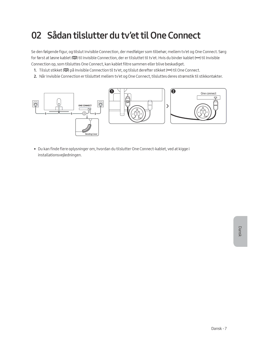 Samsung QE49Q7FAMTXXC, QE49Q7FAMTXZG, QE65Q7FAMTXZG, QE55Q7FAMTXZG manual 02 Sådan tilslutter du tv’et til One Connect 