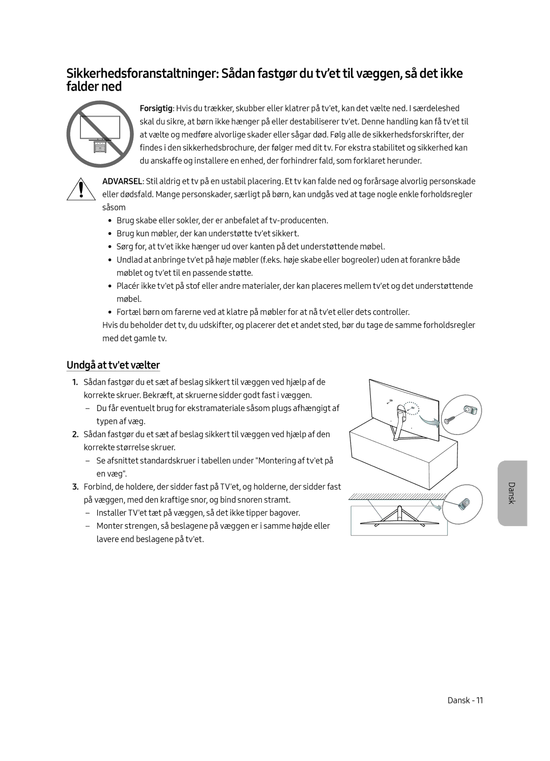 Samsung QE49Q7FAMTXXH, QE49Q7FAMTXZG, QE65Q7FAMTXZG, QE55Q7FAMTXZG, QE75Q7FAMTXZG, QE75Q7FAMTXXH manual Undgå at tvet vælter 