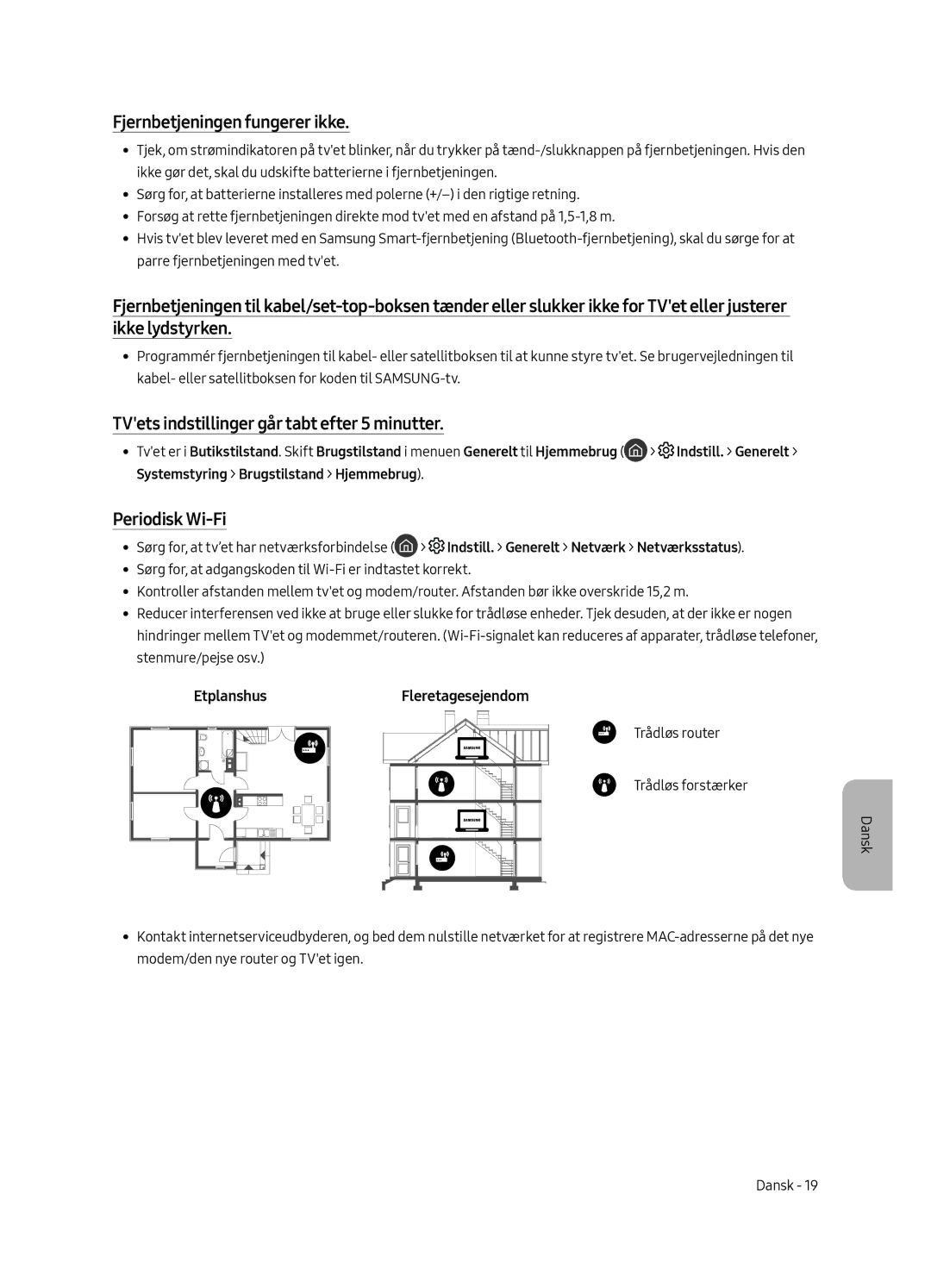 Samsung QE49Q7FAMTXXC manual Fjernbetjeningen fungerer ikke, TVets indstillinger går tabt efter 5 minutter, Periodisk Wi-Fi 