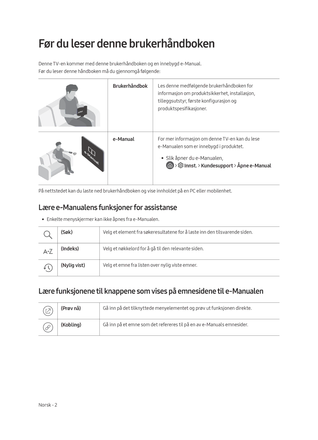 Samsung QE55Q7FAMTXZG, QE49Q7FAMTXZG manual Før du leser denne brukerhåndboken, Lære e-Manualens funksjoner for assistanse 