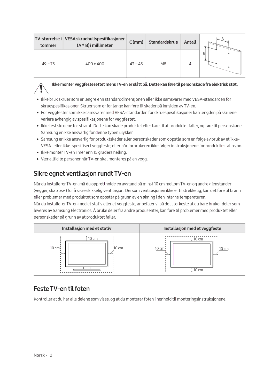 Samsung QE65Q7FAMTXXH, QE49Q7FAMTXZG, QE65Q7FAMTXZG manual Sikre egnet ventilasjon rundt TV-en, Feste TV-en til foten, Antall 