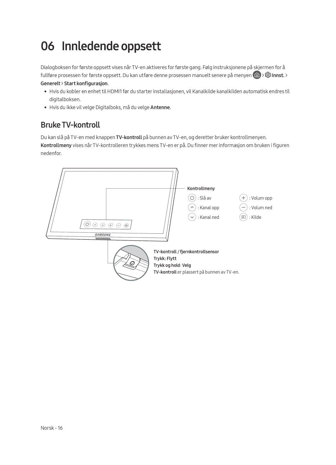 Samsung QE75Q7FAMTXXH, QE49Q7FAMTXZG, QE65Q7FAMTXZG, QE55Q7FAMTXZG, QE75Q7FAMTXZG manual Innledende oppsett, Bruke TV-kontroll 