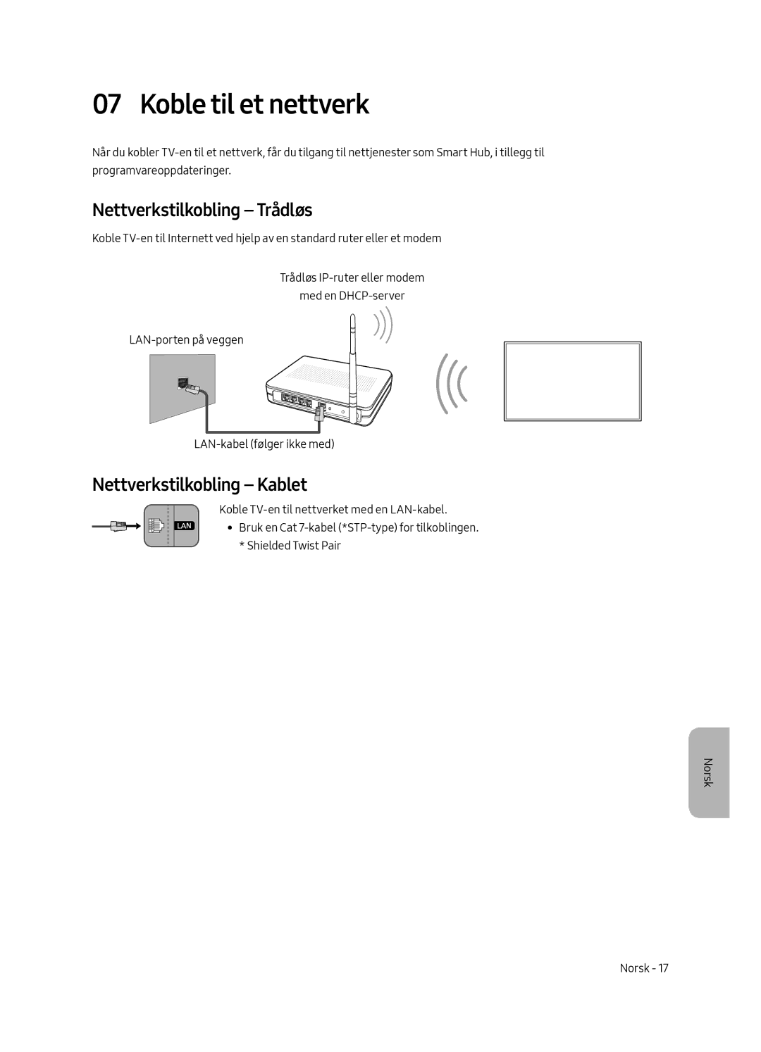 Samsung QE75Q7FAMTXXC, QE49Q7FAMTXZG manual Koble til et nettverk, Nettverkstilkobling Trådløs, Nettverkstilkobling Kablet 