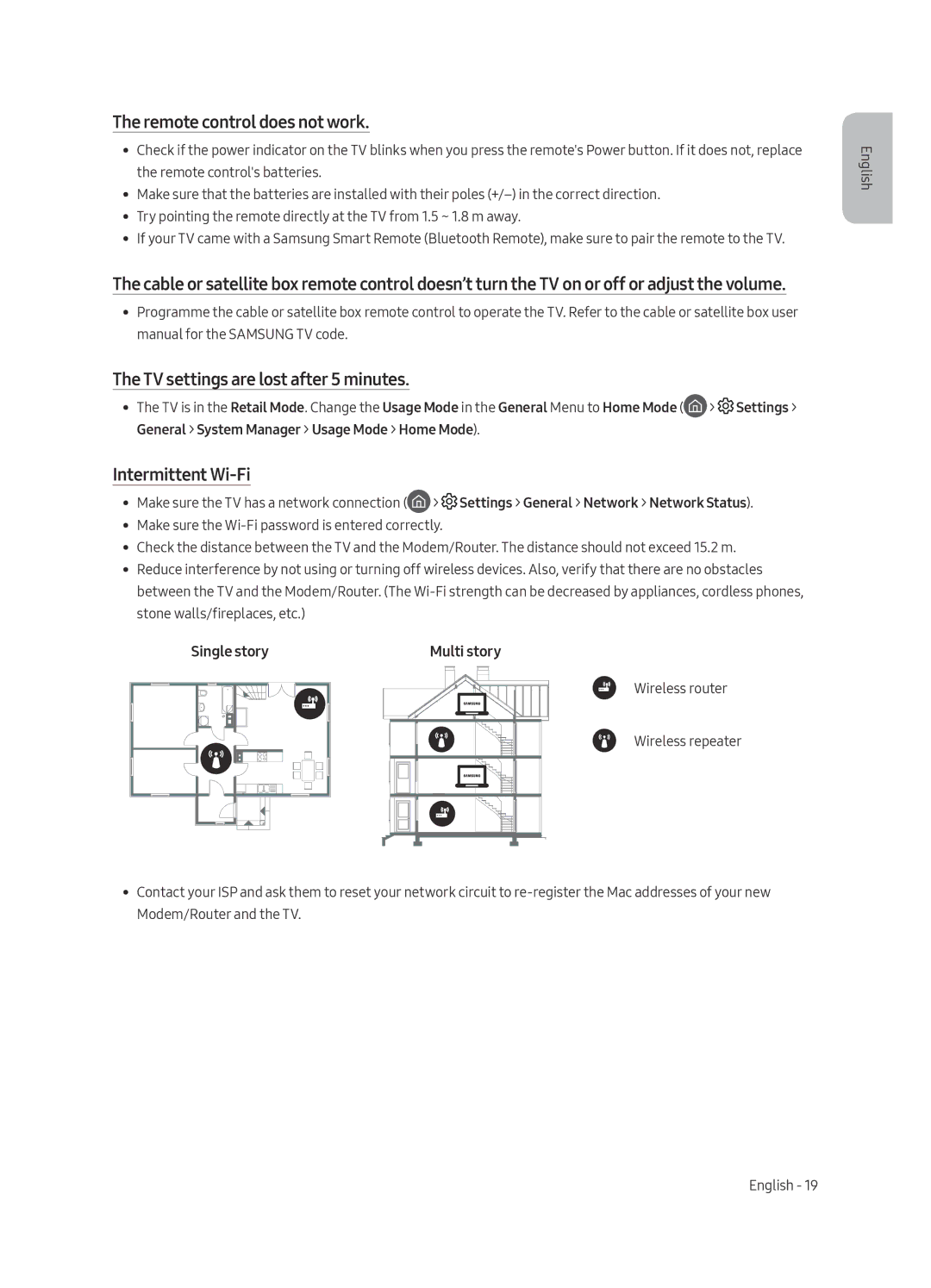 Samsung QE49Q7FAMTXXC manual Remote control does not work, TV settings are lost after 5 minutes, Intermittent Wi-Fi 