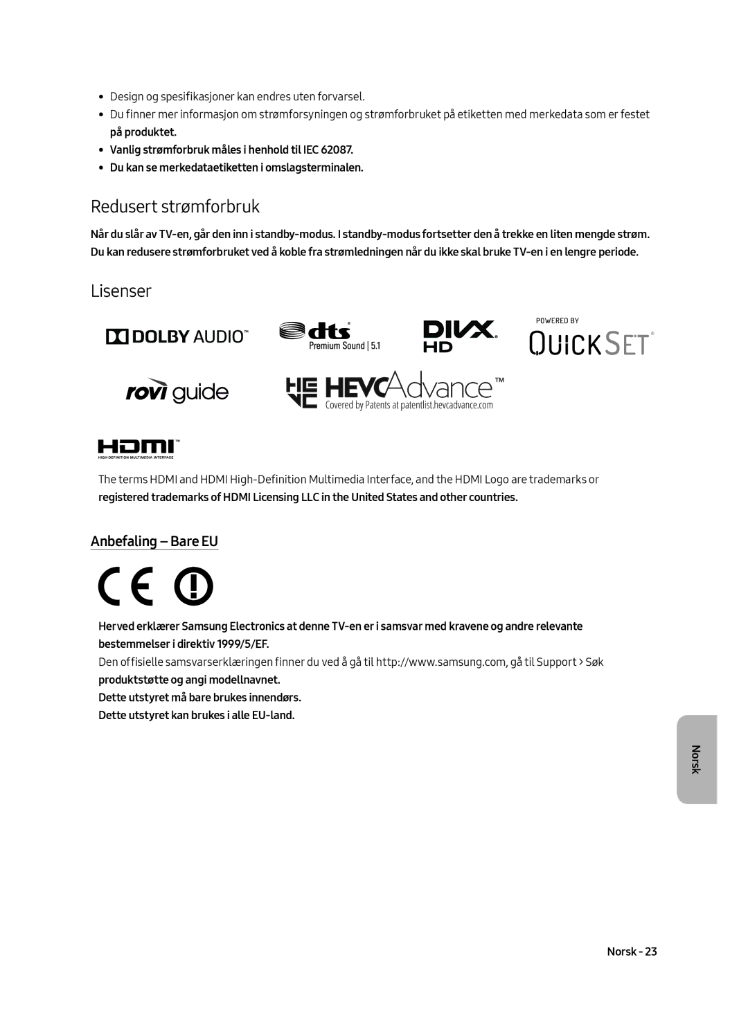 Samsung QE49Q7FAMTXXH, QE49Q7FAMTXZG, QE65Q7FAMTXZG, QE55Q7FAMTXZG manual Redusert strømforbruk, Lisenser, Anbefaling Bare EU 