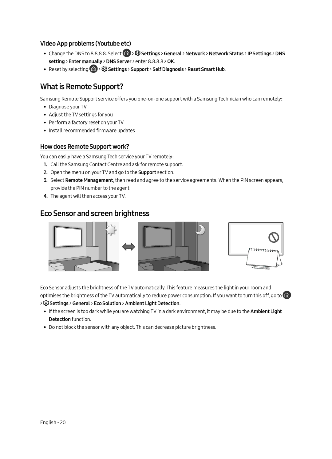 Samsung QE65Q7FAMTXXC manual What is Remote Support?, Eco Sensor and screen brightness, Video App problems Youtube etc 