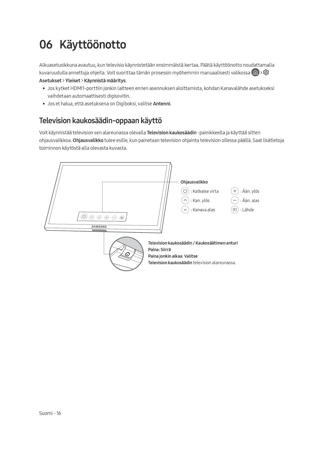 Samsung QE75Q7FAMTXXH, QE49Q7FAMTXZG, QE65Q7FAMTXZG, QE55Q7FAMTXZG 06 Käyttöönotto, Television kaukosäädin-oppaan käyttö 