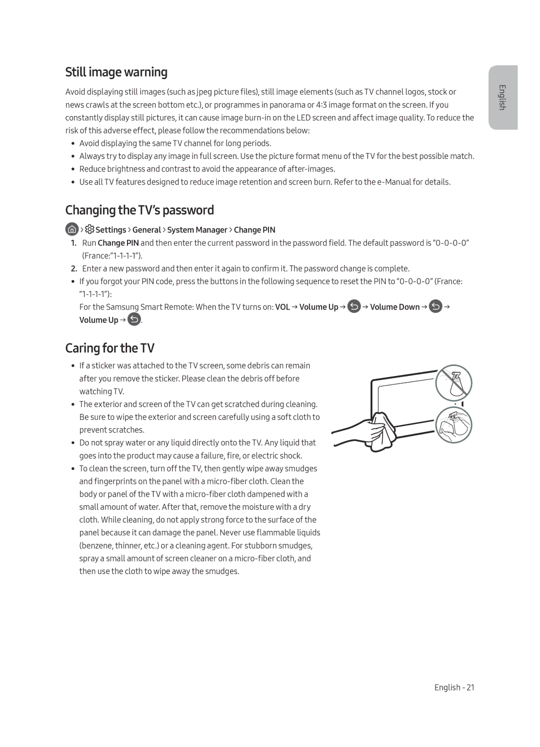 Samsung QE55Q7FAMTXXH, QE49Q7FAMTXZG, QE65Q7FAMTXZG manual Still image warning, Changing the TV’s password, Caring for the TV 