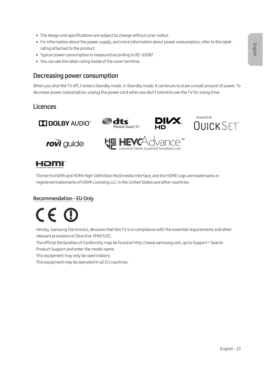 Samsung QE49Q7FAMTXXH, QE49Q7FAMTXZG, QE65Q7FAMTXZG manual Decreasing power consumption, Licences, Recommendation EU Only 