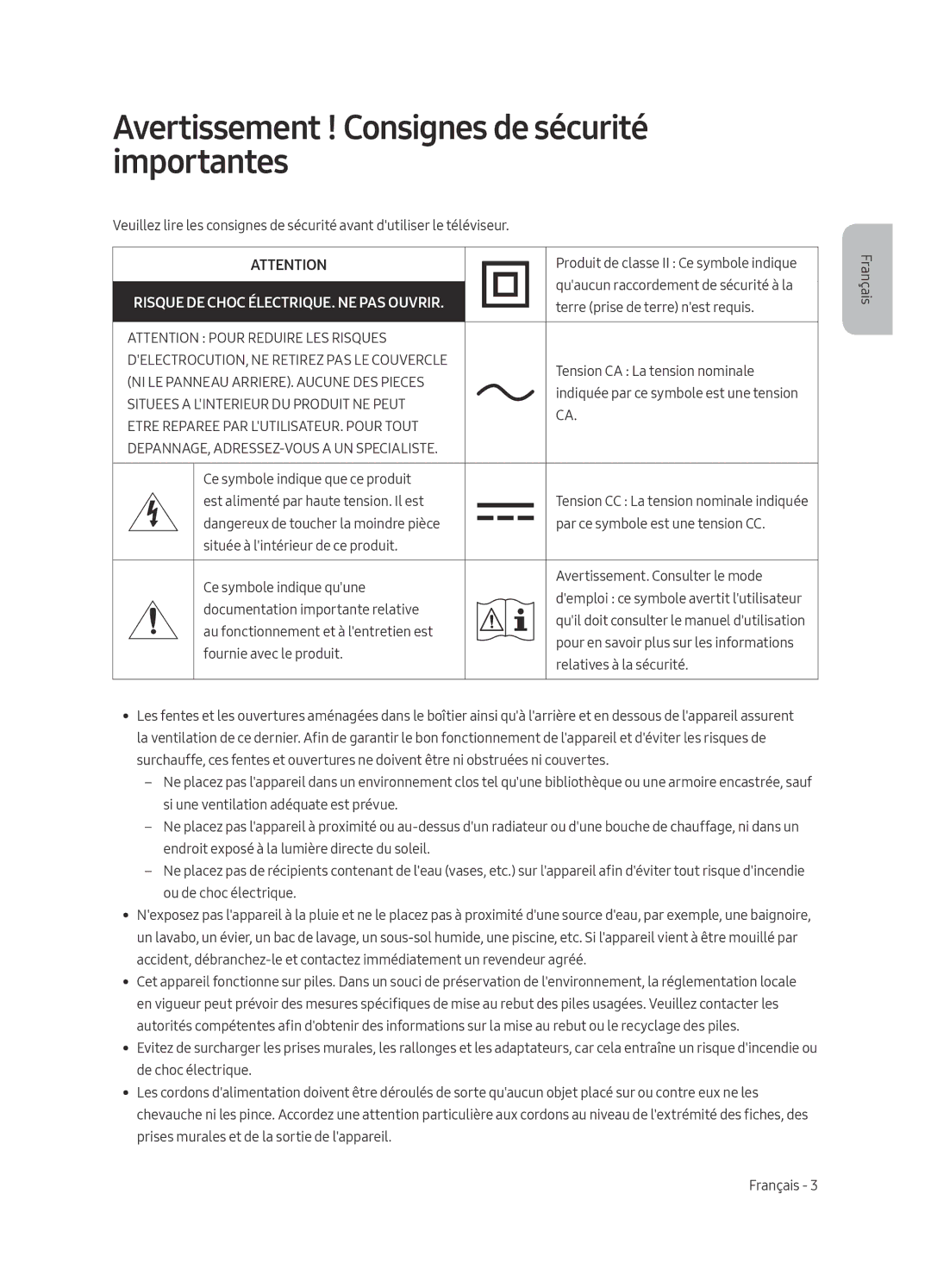 Samsung QE75Q7FAMTXZG manual Avertissement ! Consignes de sécurité importantes, DELECTROCUTION, NE Retirez PAS LE Couvercle 