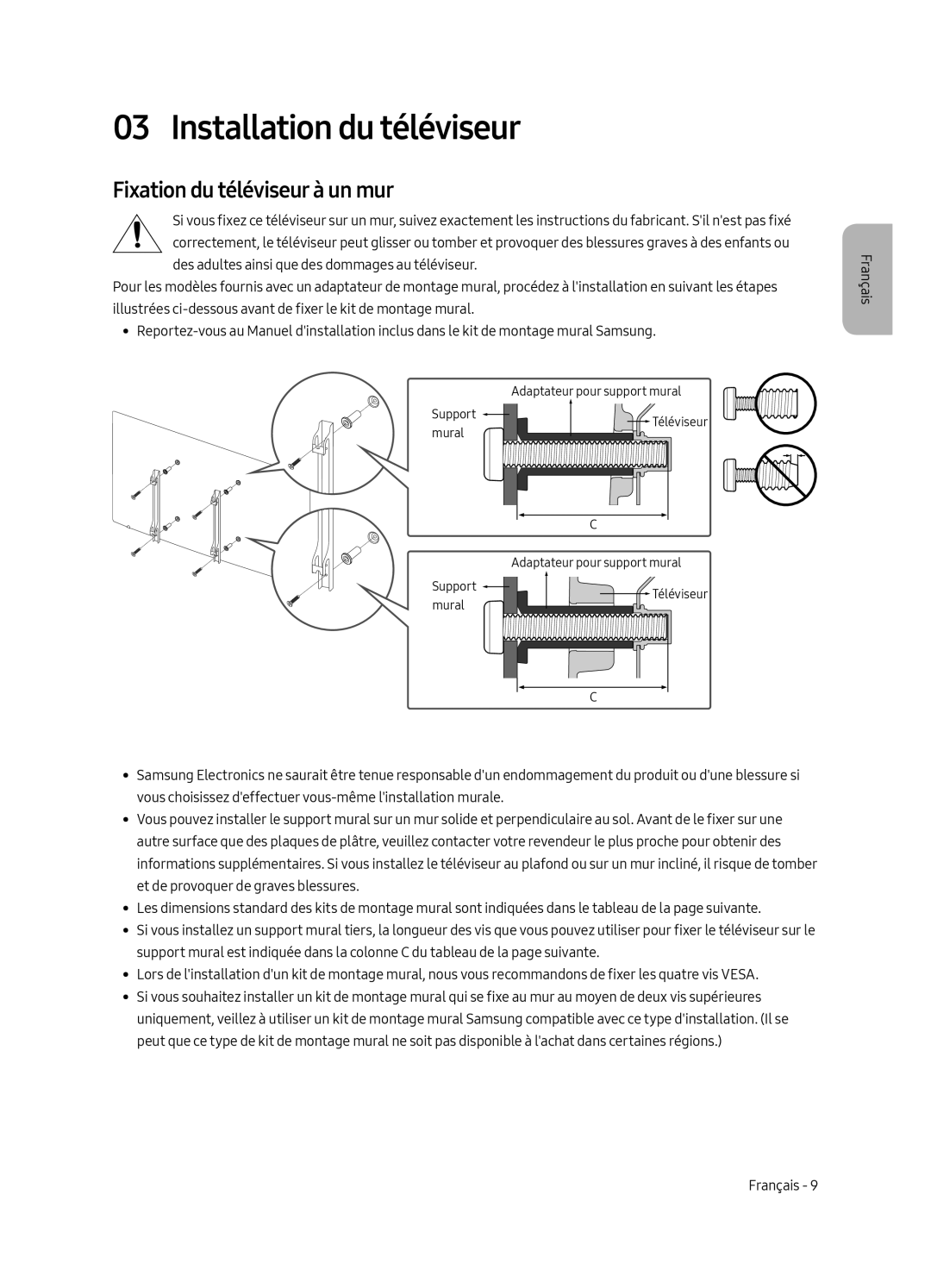 Samsung QE55Q7FAMTXXH, QE49Q7FAMTXZG, QE65Q7FAMTXZG manual Installation du téléviseur, Fixation du téléviseur à un mur 