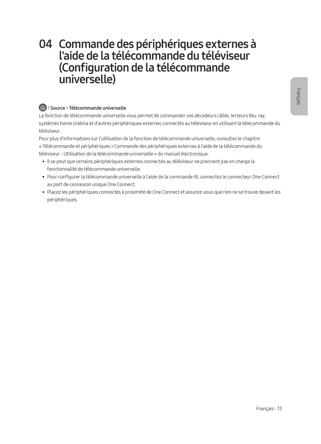 Samsung QE65Q7FAMTXZG, QE49Q7FAMTXZG manual Configuration de la télécommande universelle, Source Télécommande universelle 