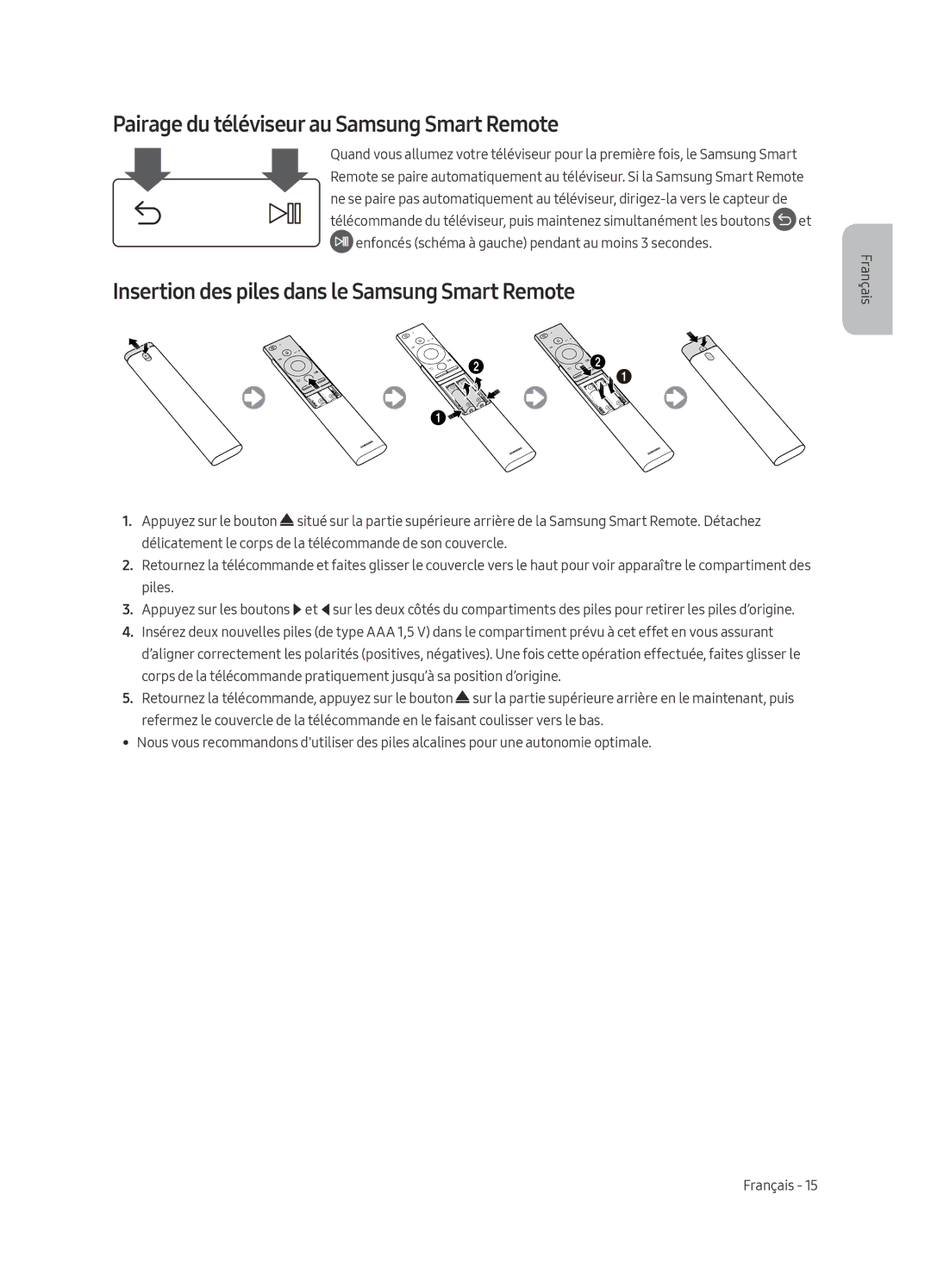 Samsung QE75Q7FAMTXZG Pairage du téléviseur au Samsung Smart Remote, Insertion des piles dans le Samsung Smart Remote 