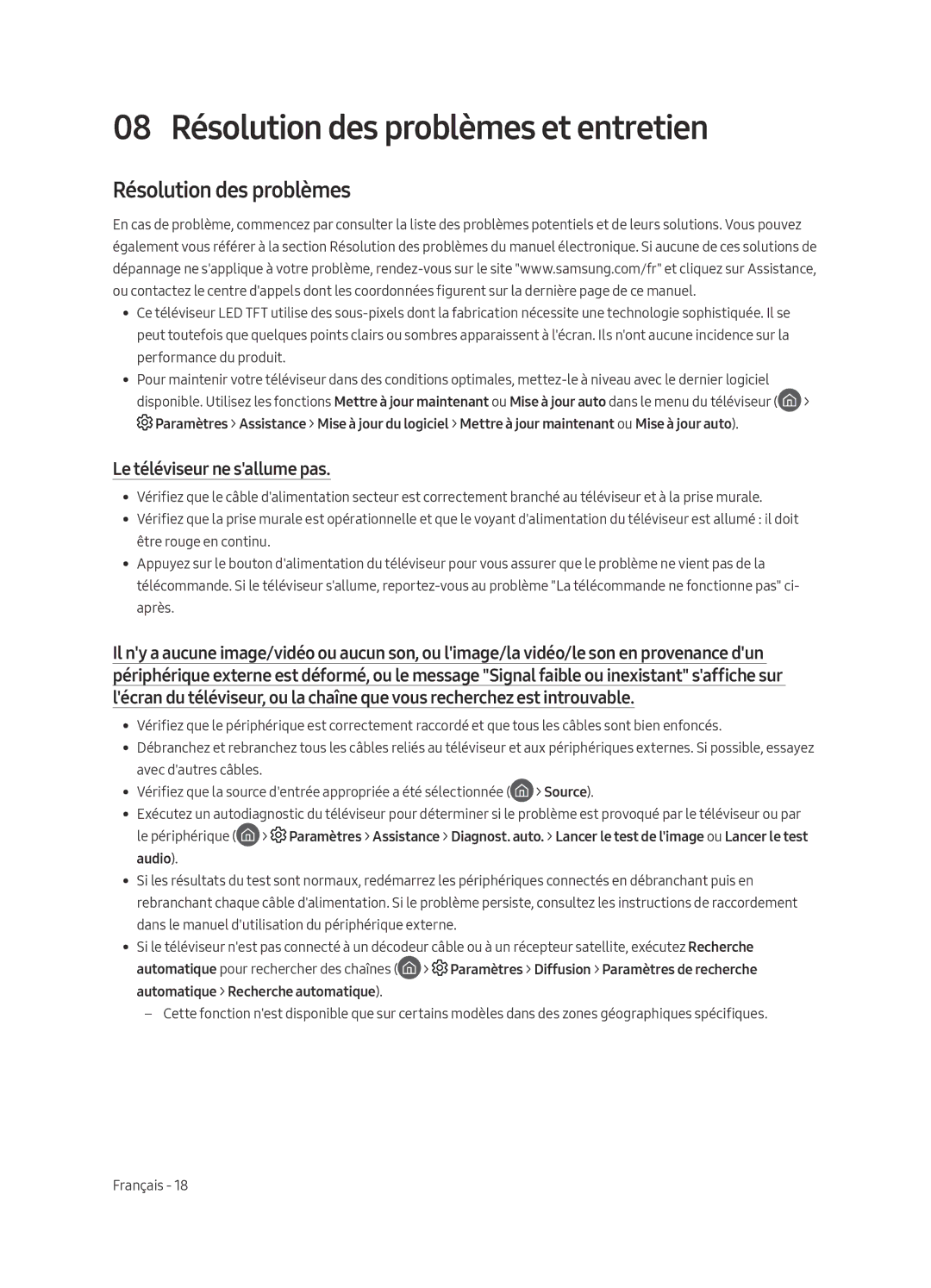 Samsung QE55Q7FAMTXXC, QE49Q7FAMTXZG, QE65Q7FAMTXZG 08 Résolution des problèmes et entretien, Le téléviseur ne sallume pas 